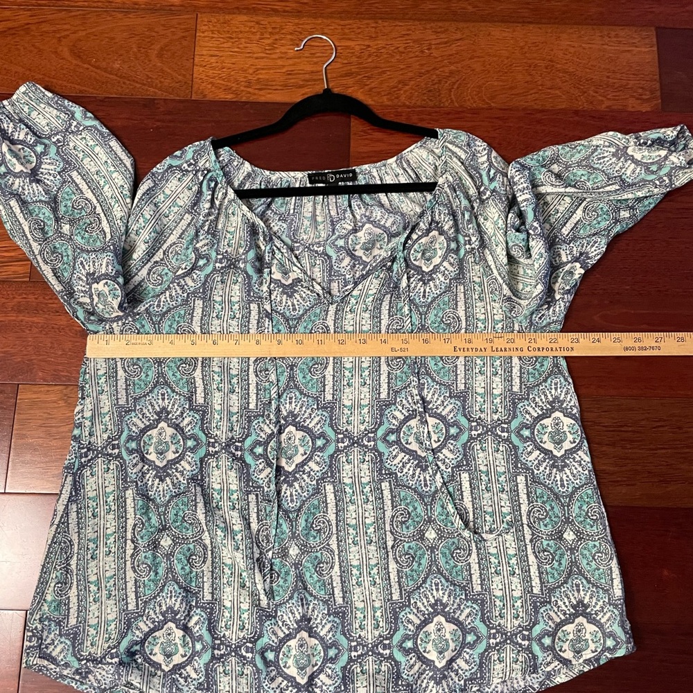 Fred David Boho Peasant Blouse Top Tunic Blue Flowy Beachy Coastal 90s Sz L B18 - Picture 7 of 10